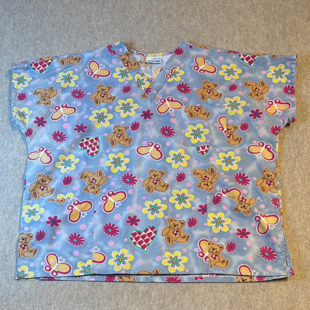 WOMENS J.I.J. SCRUBS "Teddy Bears & Butterflies" S/S SCRUBS TOP  SIZE 3x (5)